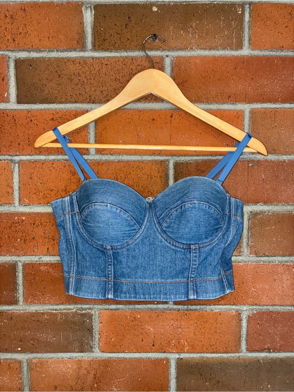 Denim Bustier Crop Top with Blue Straps